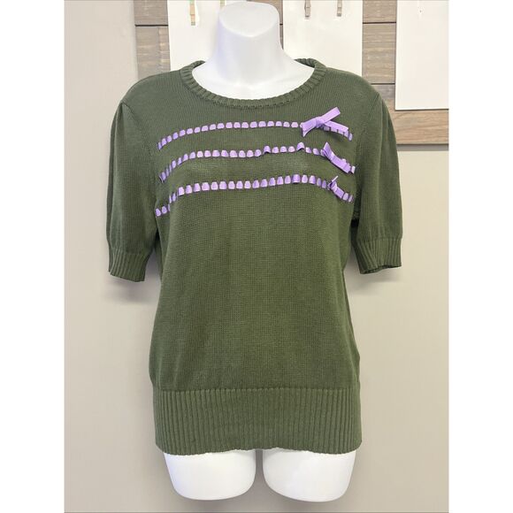 Modcloth Sweaters - ModCloth Olive Green Knit Puff Short Sleeve Sweater Light Purple Ribbon- Medium